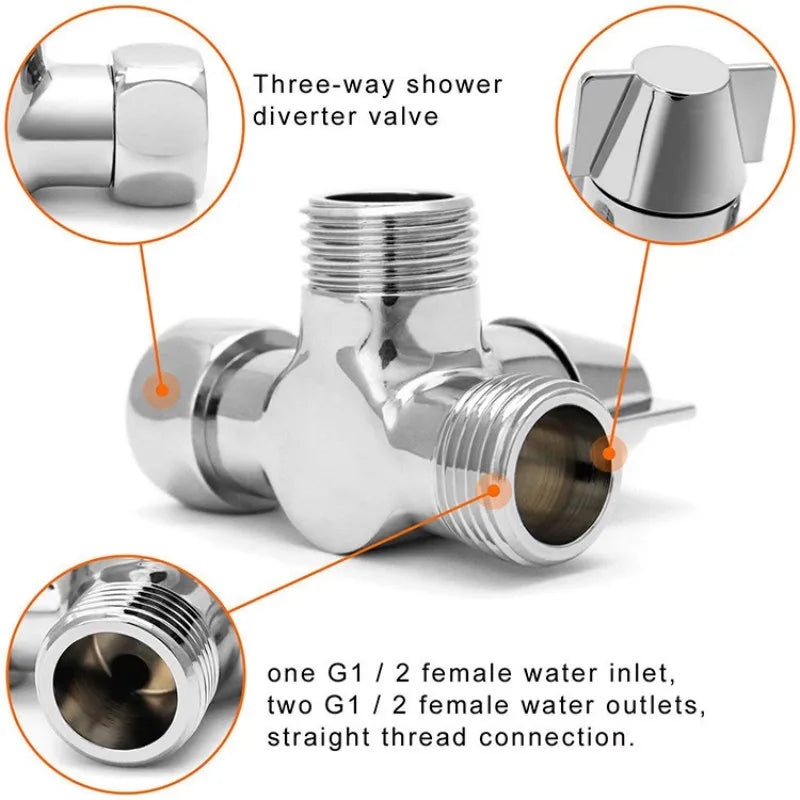 G1/2" 3-Way Brass Shower Diverter Valve T-Adapter Converter