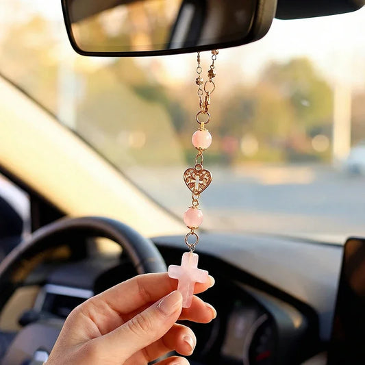 Rose Quartz Crystal Cross Rearview Mirror Charm | Car Decor Car Mirror Charm Peaceful Pleasures Health and Wellness