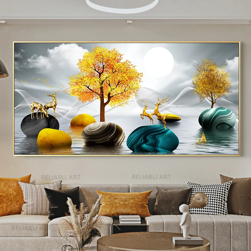 Chinese Feng Shui Golden Rich Tree Canvas Painting Wall Art Deer Landscape Lucky Stone Posters Wall Art for Living Room Decor Peaceful Pleasures Health and Wellness w2624 golden-5 20x40cm