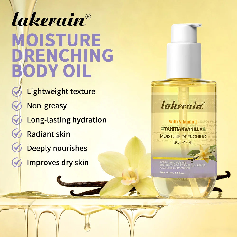 Lakerain Moisture Drenching Body Oil Deeply Hydrating Long Lasting Nourishment Glossy Skin Non-Greasy Cream Flavor Body Oil Peaceful Pleasures Health and Wellness