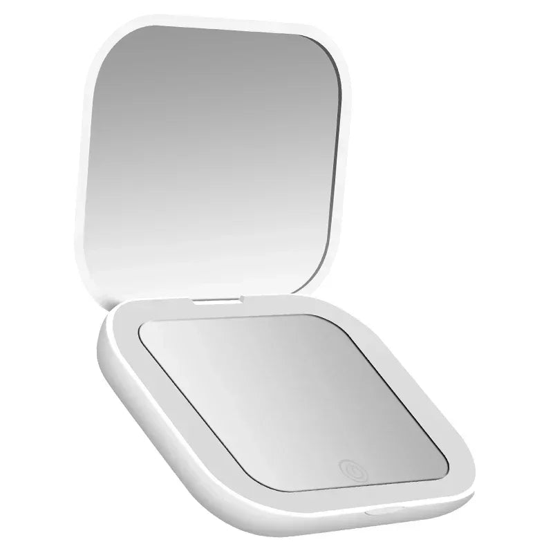 Compact Small Mini Gift Vanity Table Folding Led Lights Portable Hand Held Pocket Makeup Mirror 2X magnifying Peaceful Pleasures Health and Wellness WHITE