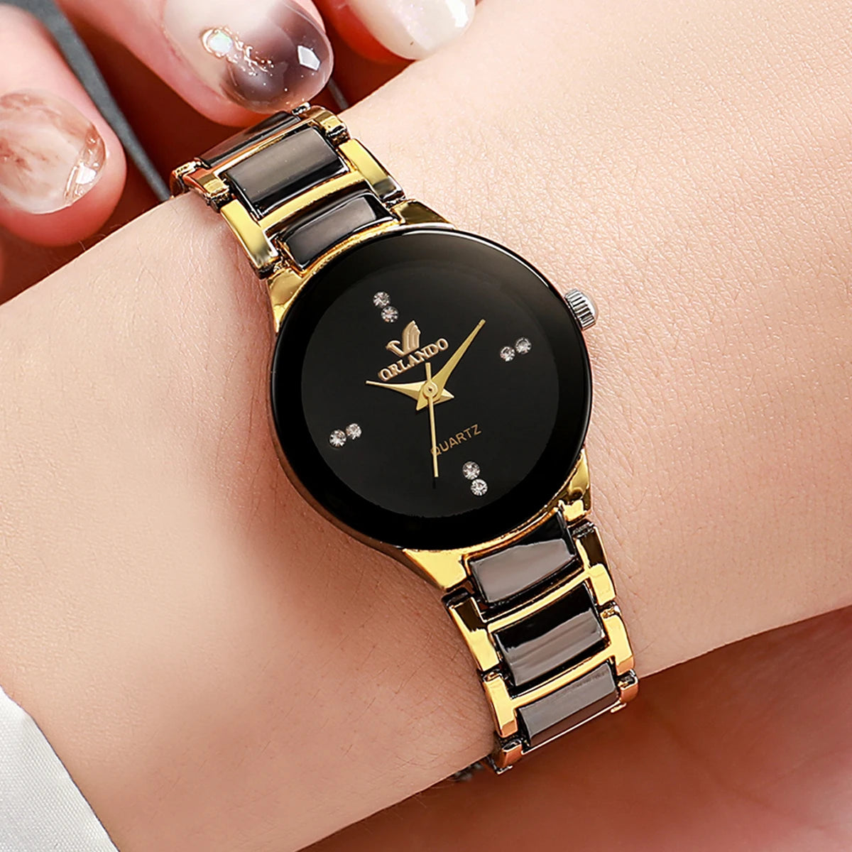 Fashion Rhinestone Women's Watch Stainless Steel Band Analog Quartz Watches Peaceful Pleasures Health and Wellness black No