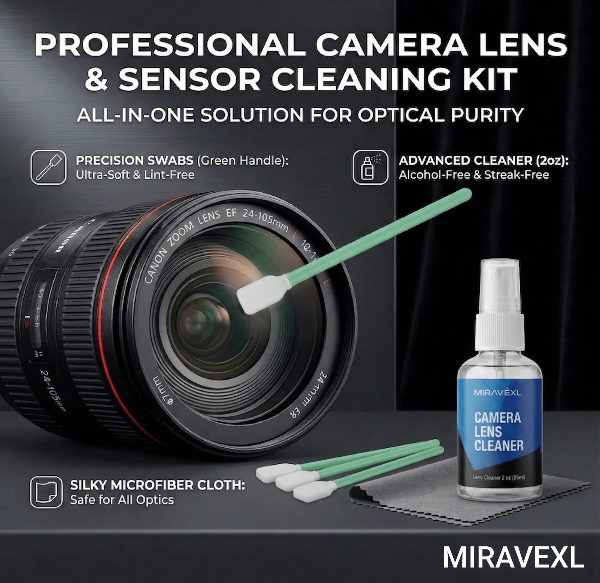 MIRAVEXL Camera Lens Cleaner Kit Microfiber Cloth Sensor Swab Dual Spray Dropper Bottle for DSLR Glasses VR Screen Optics Peaceful Pleasures Health and Wellness