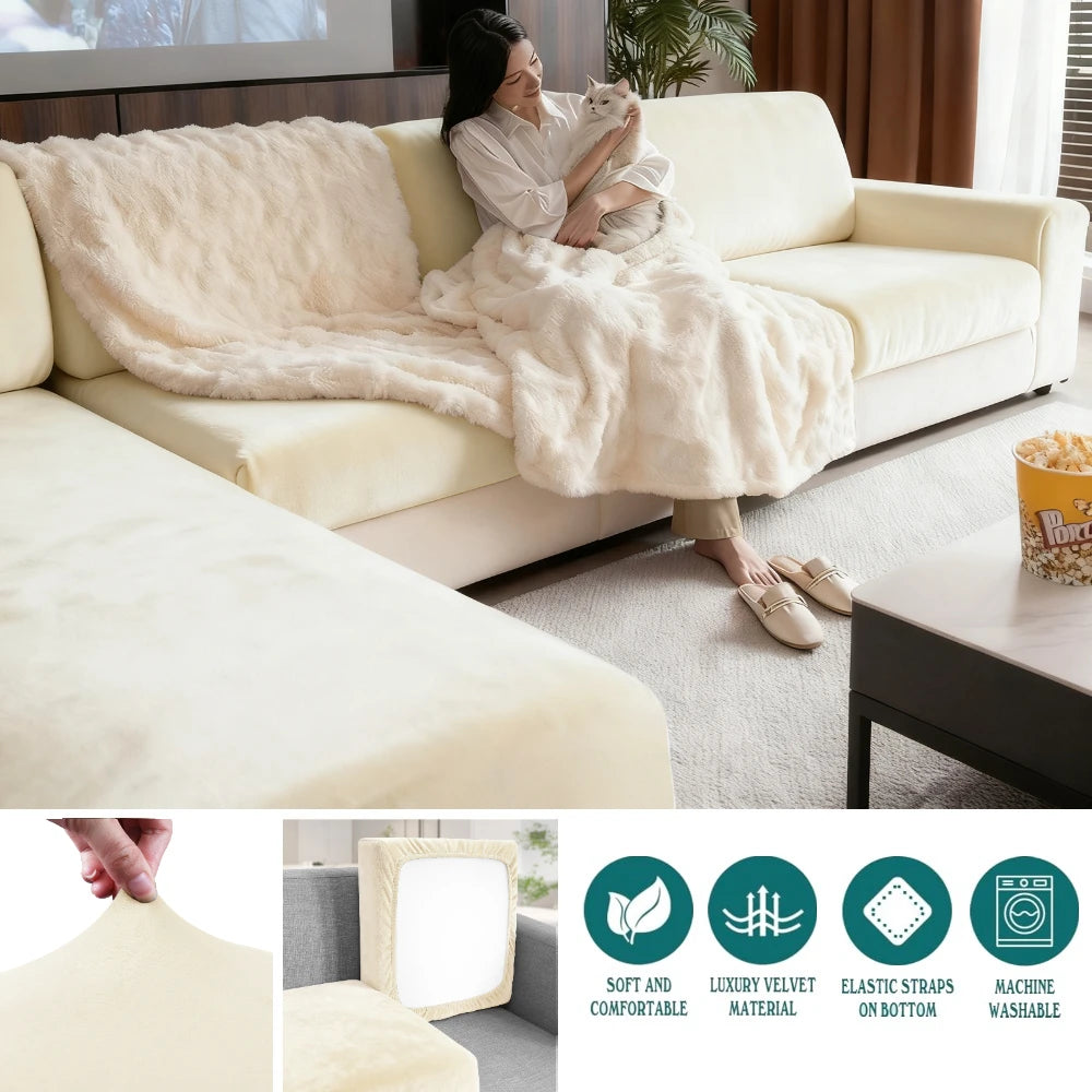 Luxury Soft Velvet Sofa Seat Cover Solid Elastic Sofa Cushion Covers Separate Furniture Protector Sofa Cover Living Room Pets Peaceful Pleasures Health and Wellness Cream Backrest-1pc