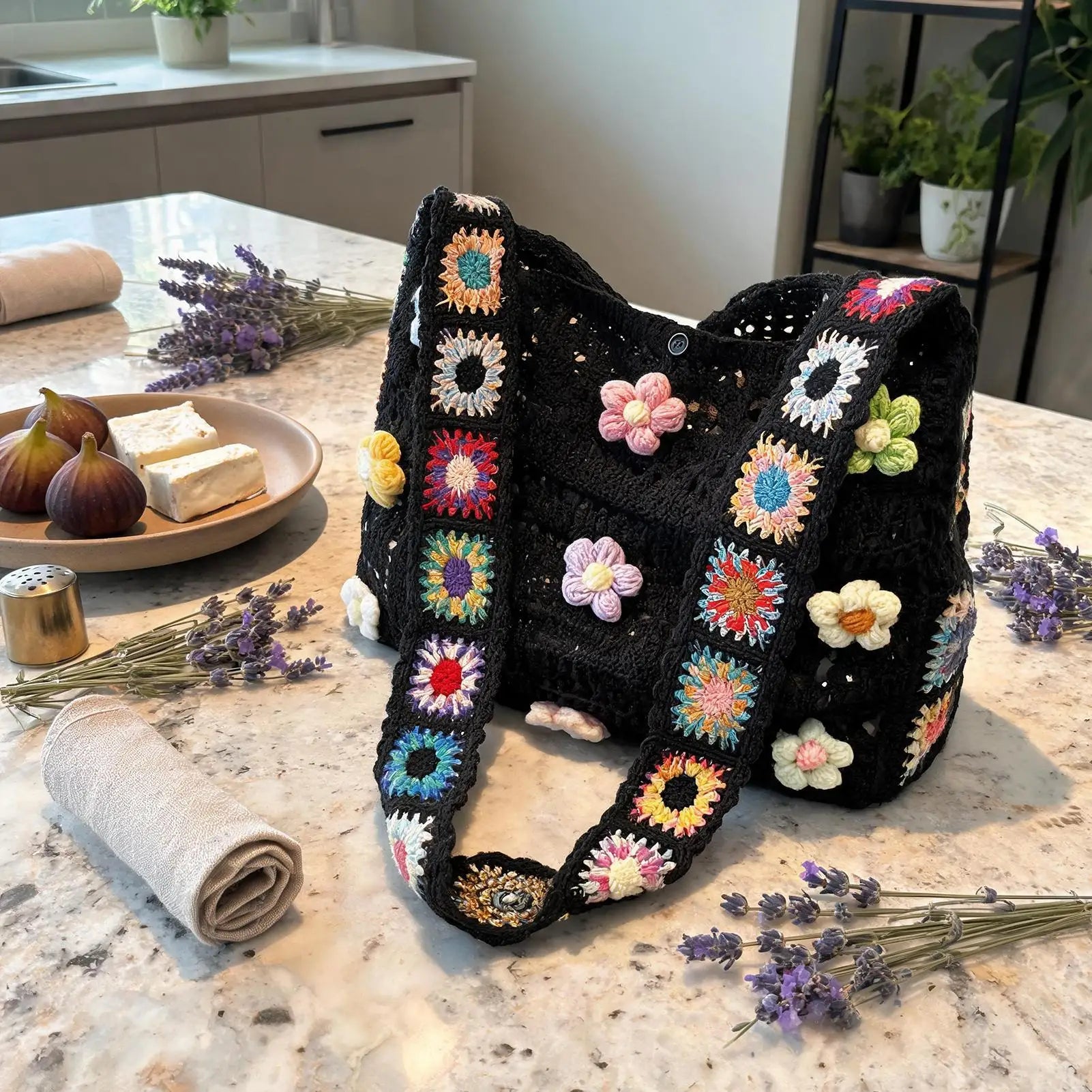 Handmade Crochet Bag For Women Girls, Floral Knit Beach Tote Summer Handbag For Travel Vacation Music Festival Dating Peaceful Pleasures Health and Wellness