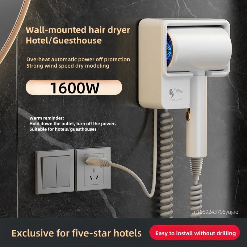 220V Hotel Hair Dryer Wall Mounted High Power Non Punching Blue Light Hair Protection Hair Dryer Automatic Power Off 2024 Peaceful Pleasures Health and Wellness White-1600W UK