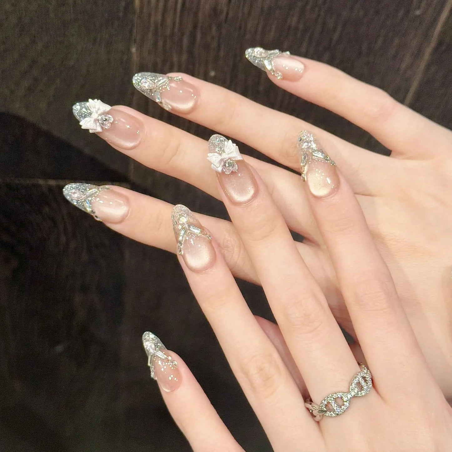 10pcs Handmade Shiny Diamond Press on Nails Glitter Pink Bow Decor Fake Nails Wedding Lady Wearable Ins French False Nail Tips Peaceful Pleasures Health and Wellness