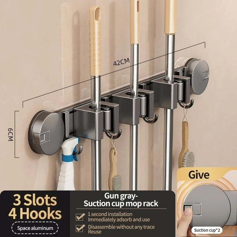 No-Drill Suction Cup Mop Rack Wall-Mounted Holder with 6 Hooks