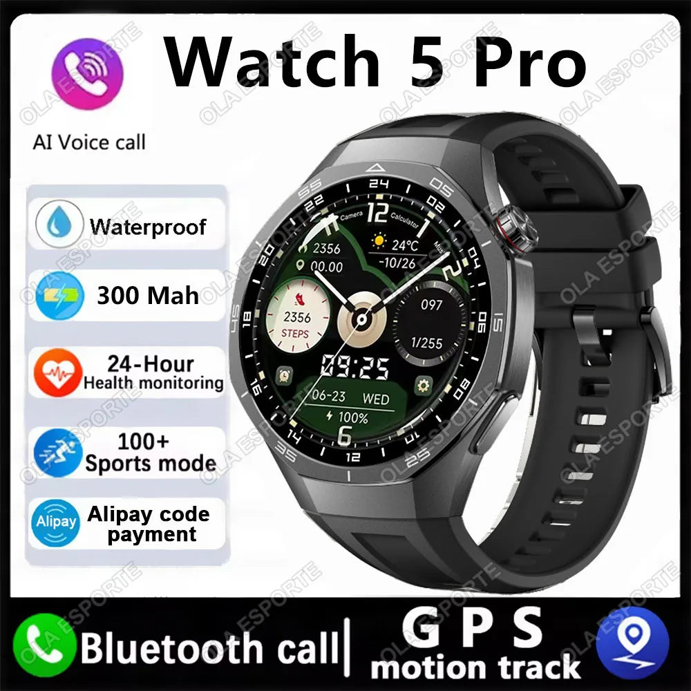 MA27 New Watch 5 Pro Smart Watch 1.53 Inch AMOLED Display Screen GPS Sports Tracker Smartwatch Men Women IP68 Waterproof Watches Peaceful Pleasures Health and Wellness Black