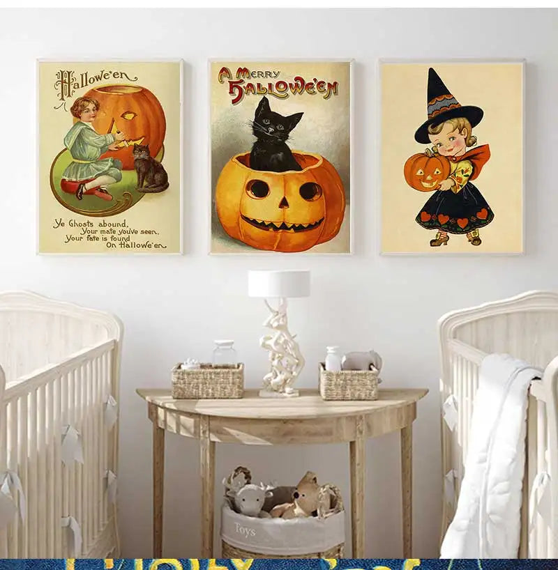 Retro Halloween Witch Pumpkin Canvas Wall Art Print | Unframed