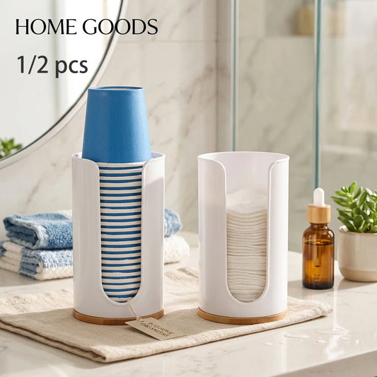 Bathroom Cup Dispenser & Cotton Pad Holder – 1 or 2 Pack Round PS Plastic Guest Bathroom Organizer Peaceful Pleasures Health and Wellness