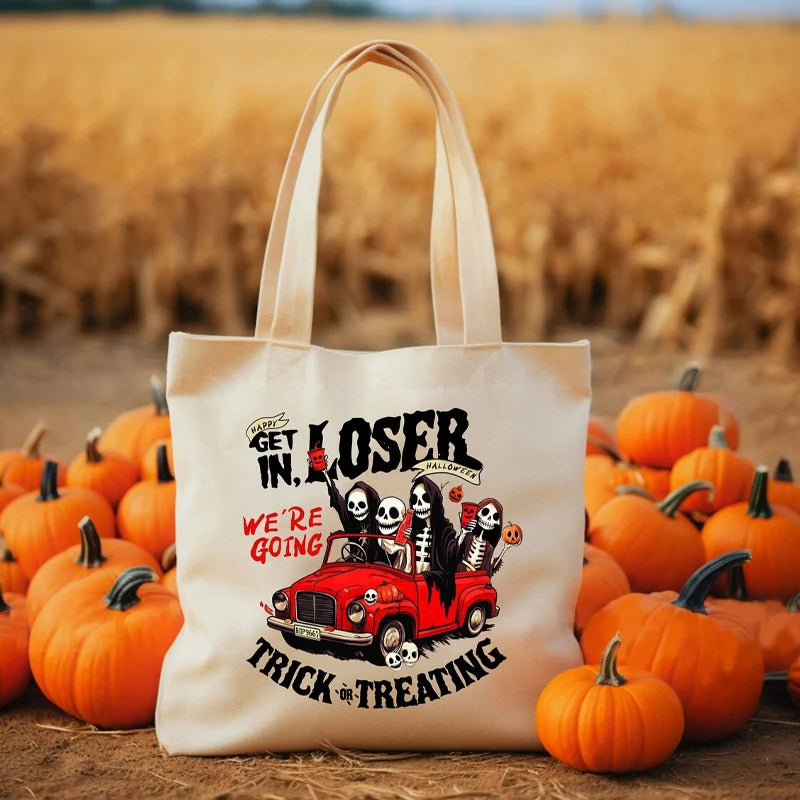Halloween Canvas Tote Bag "Get in Losers" | Spooky Shoulder Bag Halloween Tote Bag Peaceful Pleasures Health and Wellness white 34X42CM