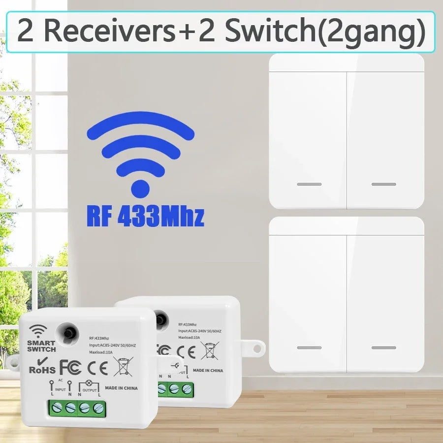 Wireless RF 433Mhz Light Switch 1/2/3Gang Wall Panel Switch Remote Control Interruptor for Home LED Lighting AC 100-240V 10A Peaceful Pleasures Health and Wellness 2 Receiver 2 Switch