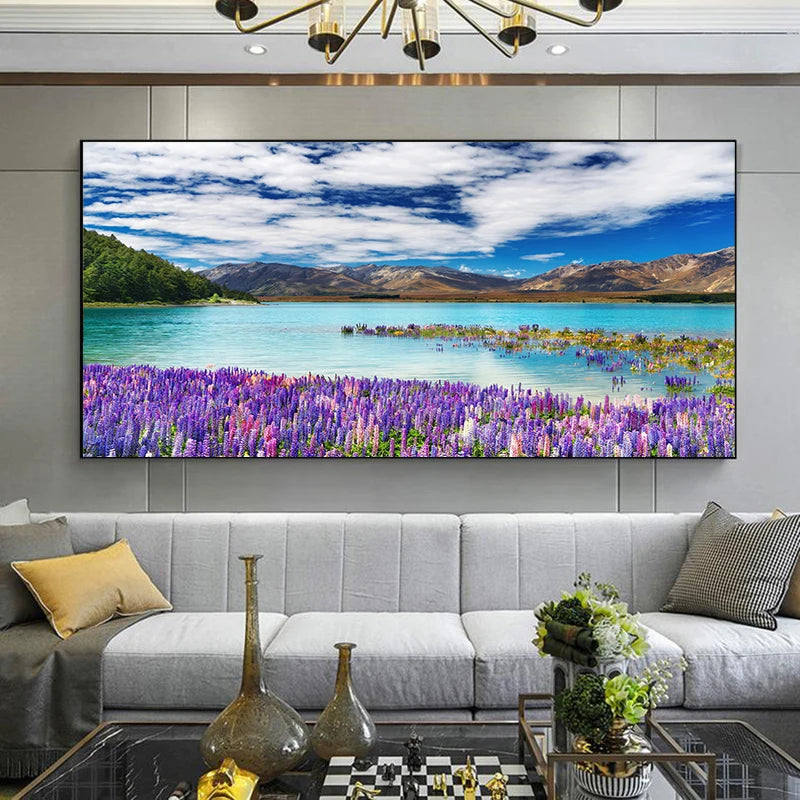 Lake Tekapo New Zealand Landscape Picture Canvas Painting Wall Art Lupin Flower Nature Mountain Posters Prints Living Room Decor Peaceful Pleasures Health and Wellness