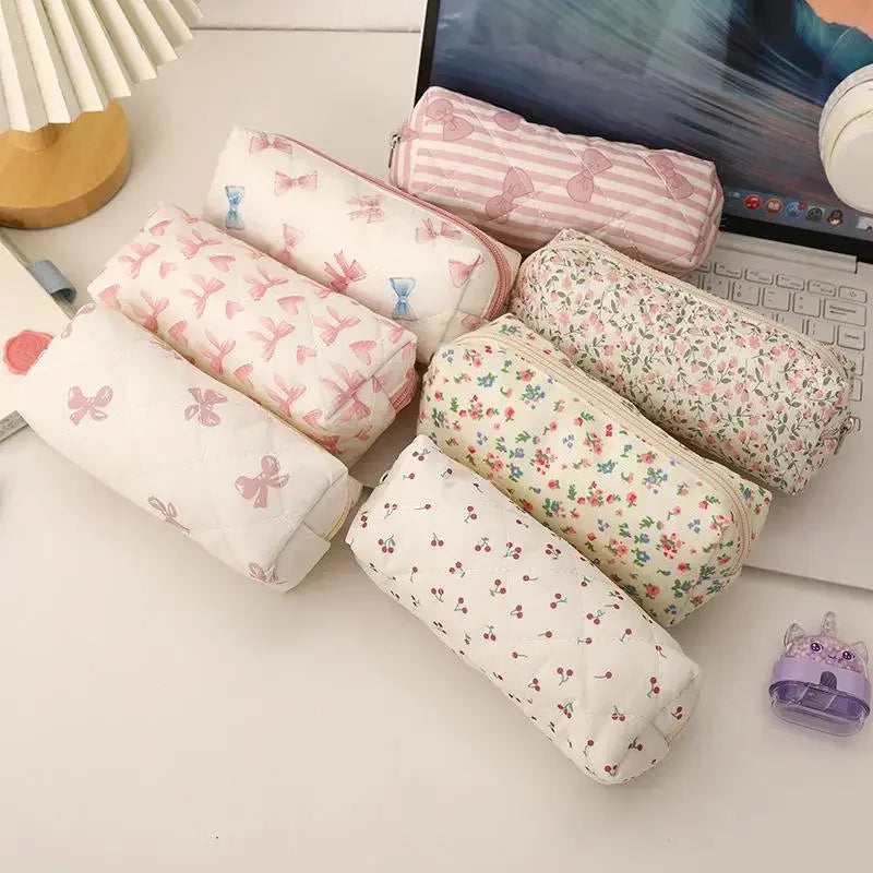 Cute Bow Floral Cherry Pencil Case – Large Capacity Pen Bag