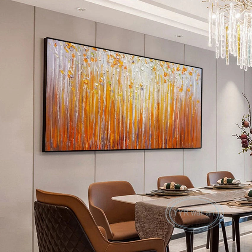 Hand Painted Orange Fortune Trees Canvas Oil Painting Abstract Art Decor Poster Living Room Sofa Salon Bedroom Restaurant Mural Peaceful Pleasures Health and Wellness