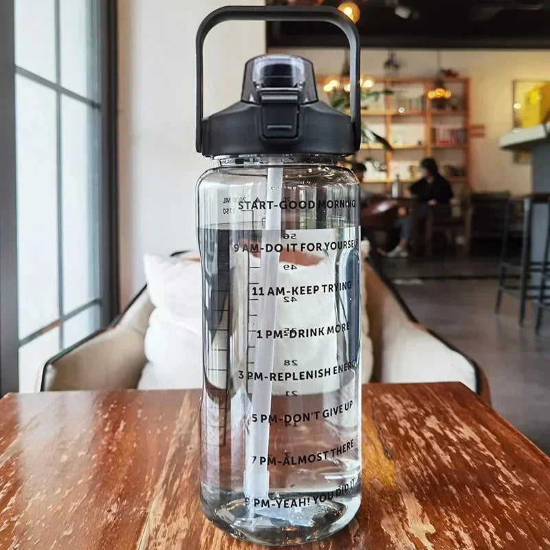 2L Water Bottle with Straw & Time Marker | BPA-Free Sport Jug