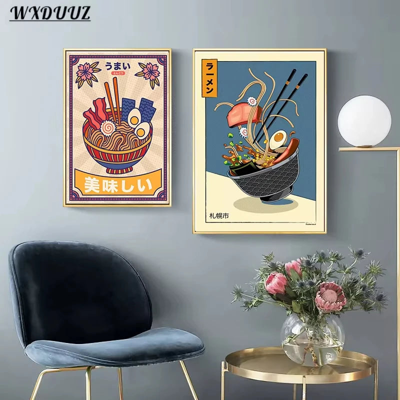 Kawaii Japan Ramen Sushi Vintage Canvas Wall Art Poster