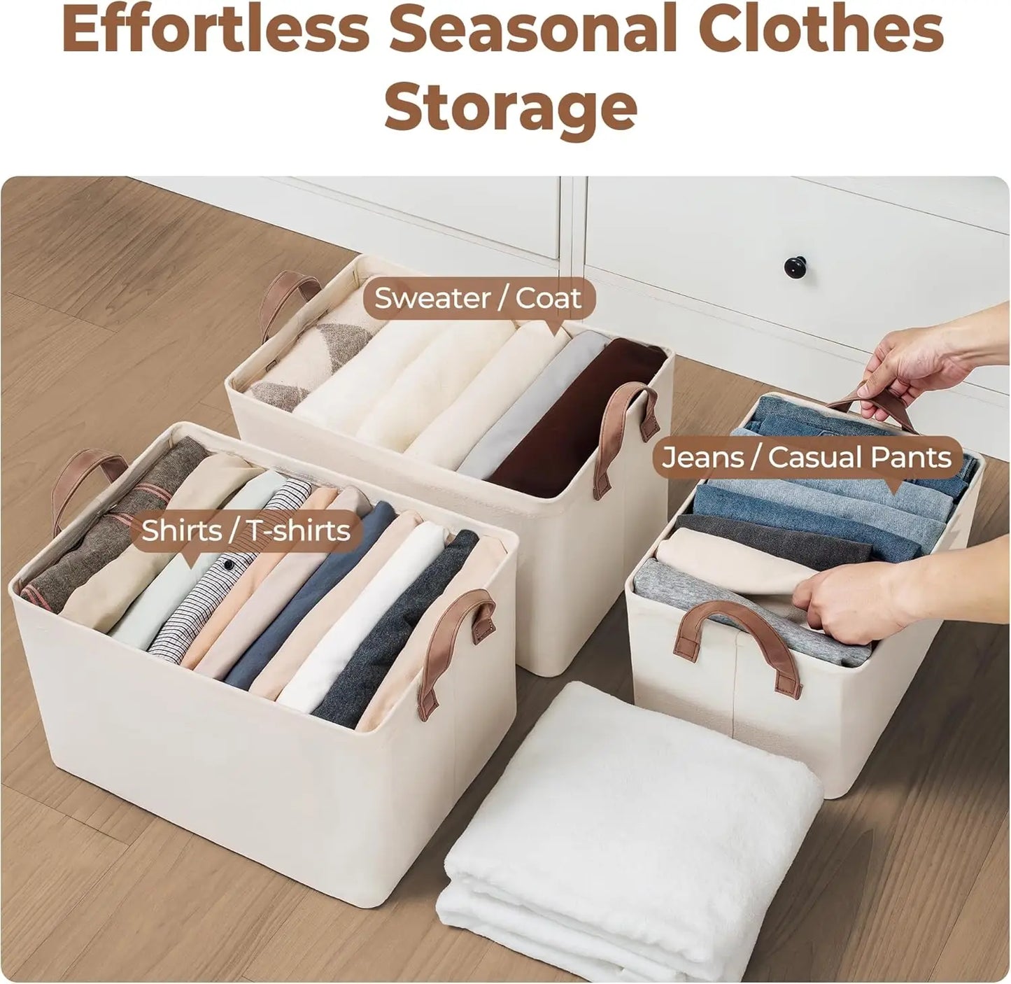 White storage bins with labeled compartments for clothing on a wooden floor.