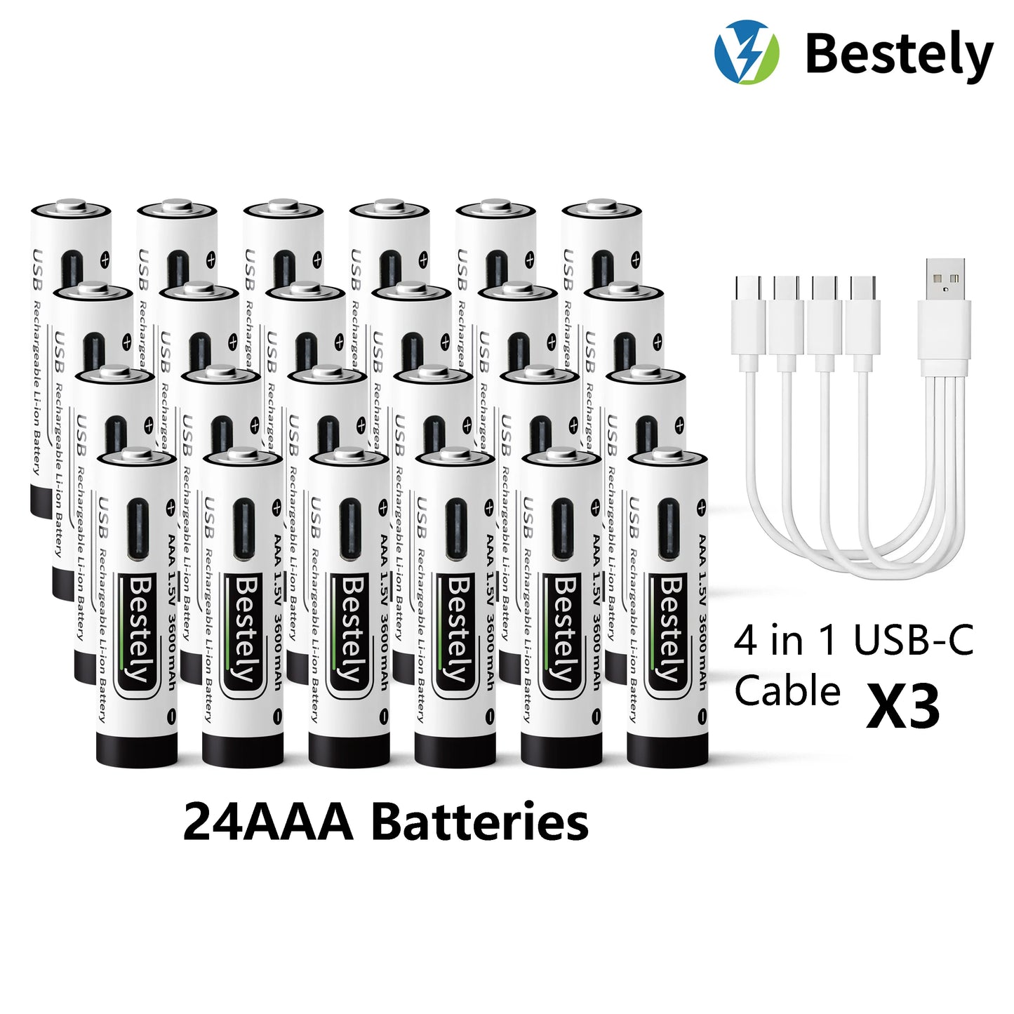 AAA Battery Rechargeable Li-Ion 1.5V 3600mAh 2000 Cycles USB-C Fast Charging Long-Lasting with free USB- C Cable Peaceful Pleasures Health and Wellness 24 pcs Batteries