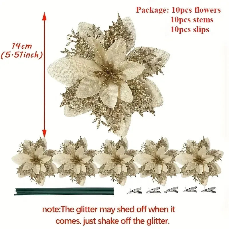 20 pieces of simulated Christmas flowers with clips and stems - lifelike red, gold, green, brown, purple, pink, orange, yellow, Peaceful Pleasures Health and Wellness