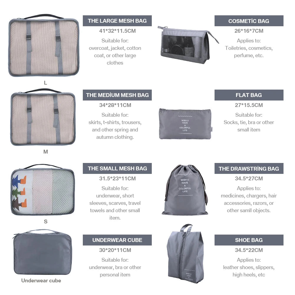 8Pcs/Set Travel Organizer Storage Bags Suitcase Packing Cubes Set Cases Portable Luggage Clothes Shoe Tidy Pouch Folding Bags Peaceful Pleasures Health and Wellness