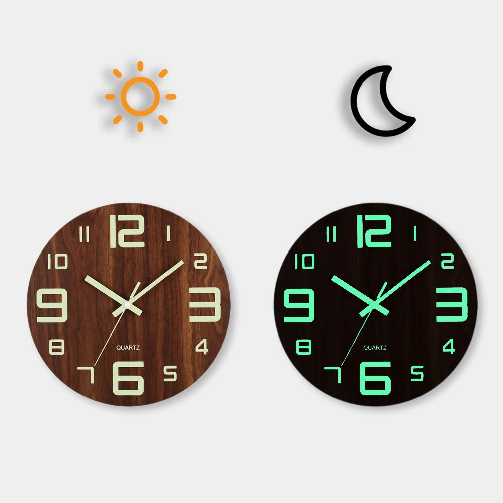 12 Inch Luminous Wall Clock Wood Silent light in dark night Nordic Fashion Wall Clock Non Ticking Clock With Night Light Peaceful Pleasures Health and Wellness YG002 4 inch