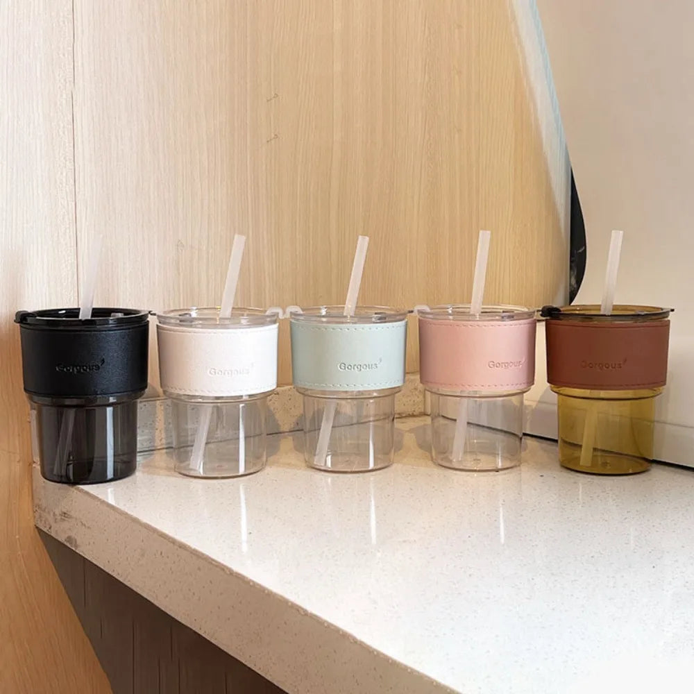 400ml Glass Water Bottle with Bamboo Lid & Straw – Transparent Cup