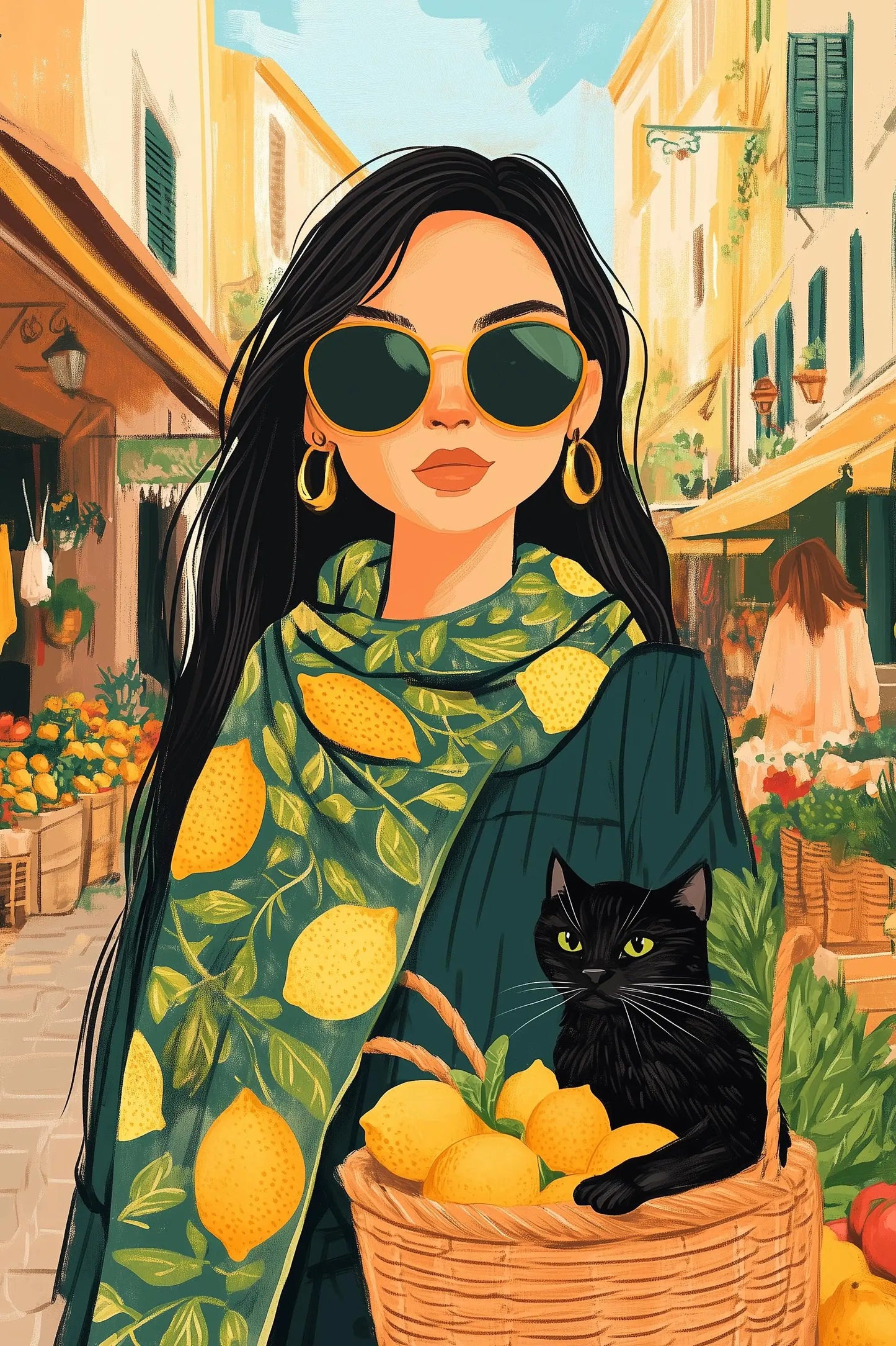 Italian Summer Woman Aperol & Lemon Tree Watercolor Canvas Art