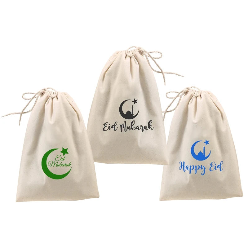 3-Pack Eid Mubarak Drawstring Favor Bags | Ramadan Party Gifts Holiday Favor Bags Peaceful Pleasures Health and Wellness Eid Mubarak 3pcs 13x18cm