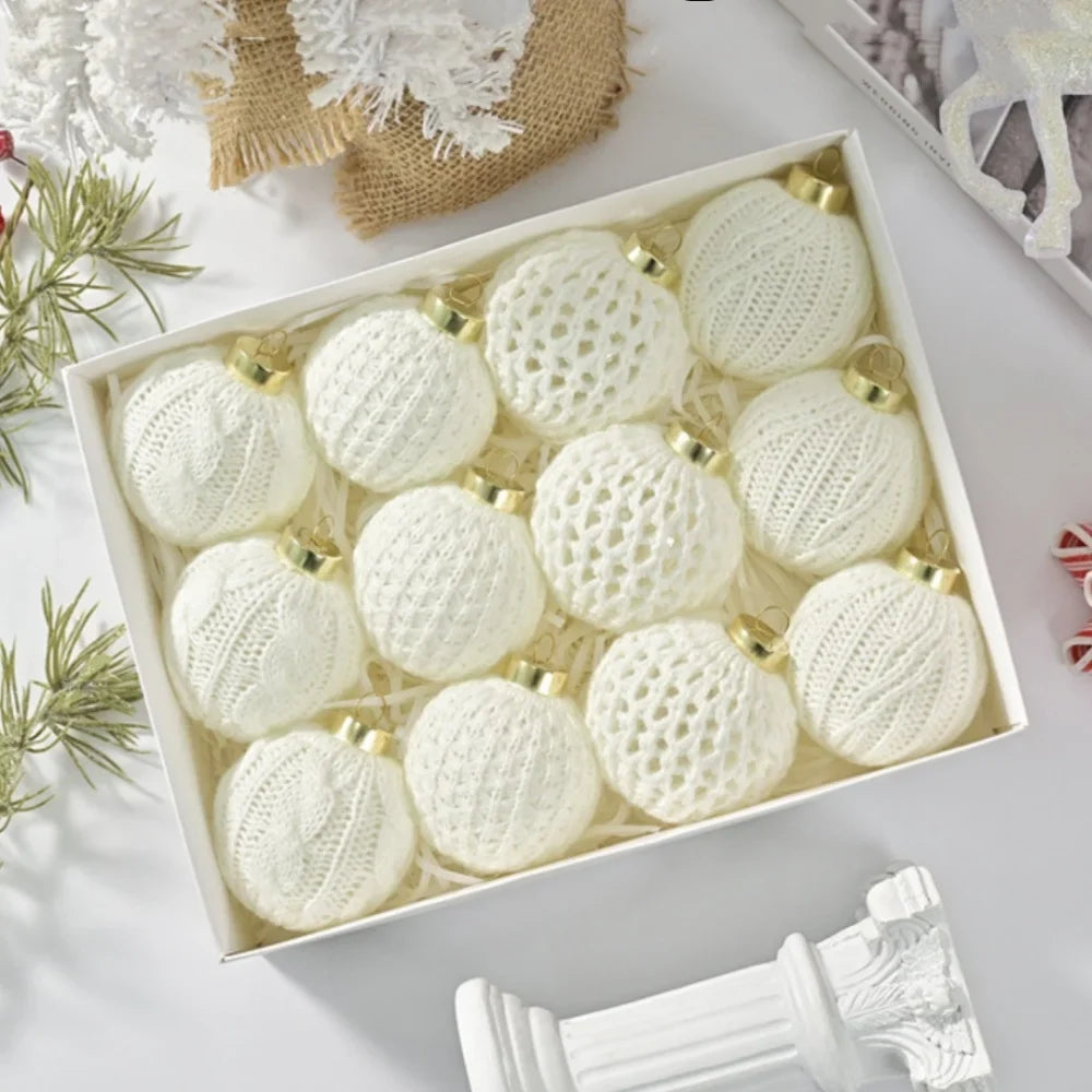 12-Piece White Knitted Yarn Christmas Ball Ornaments Set