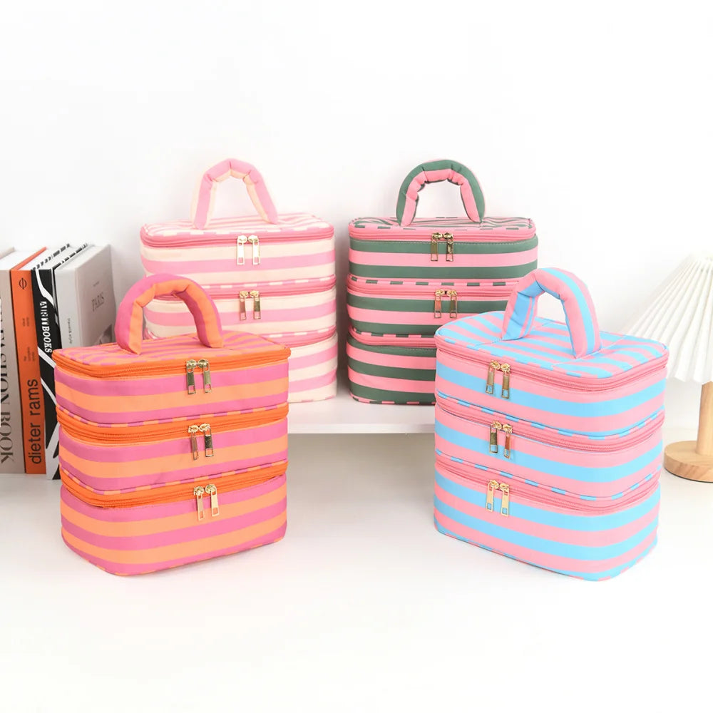 Large 3-Layer Travel Makeup Bag Organizer with Handle