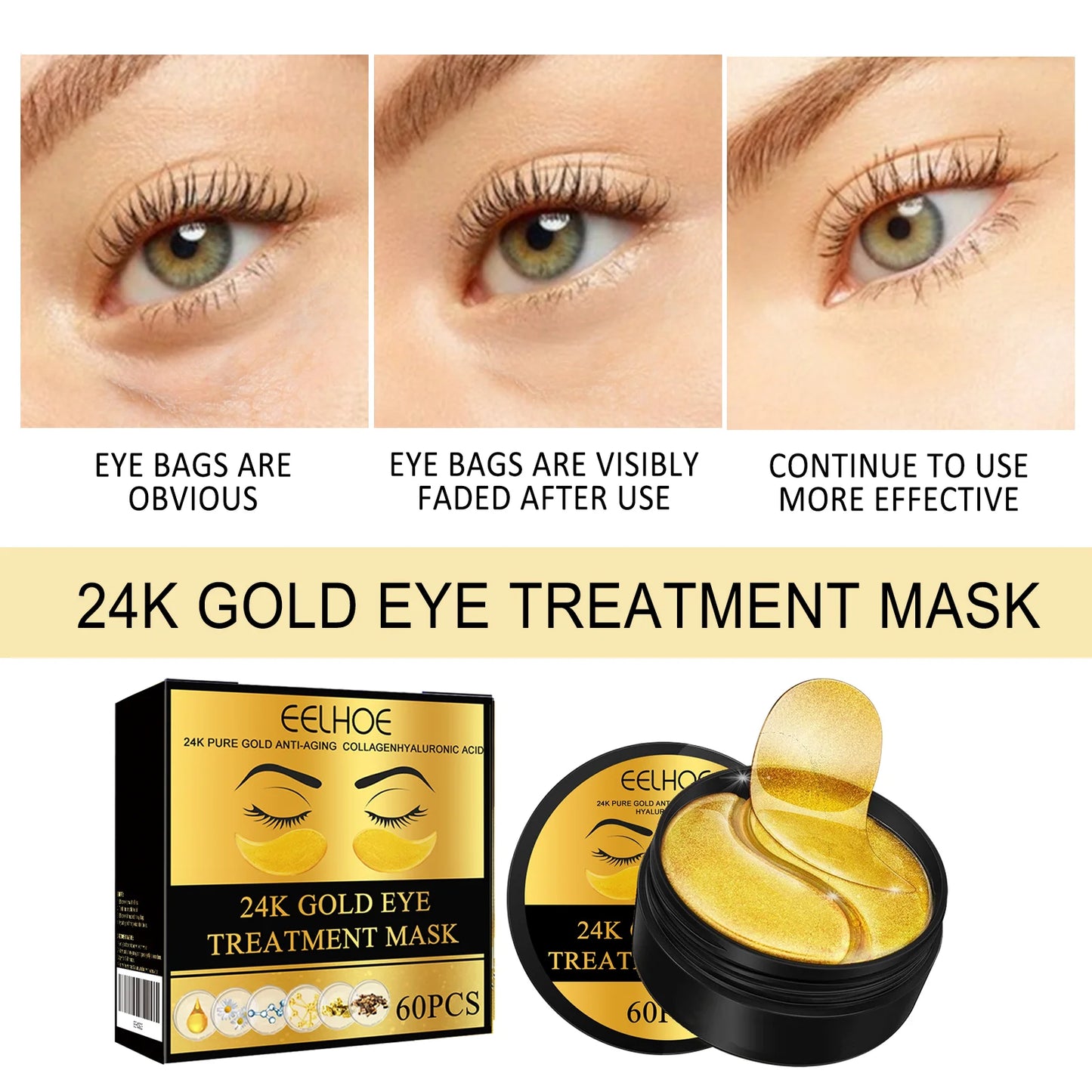 EELHOE 24k Gold Eye Mask Removing Pouch Reducing Wrinkle Dark Circles Fade Fine Lines Anti-Aging Moisturizing Collagen Eye Masks Peaceful Pleasures Health and Wellness