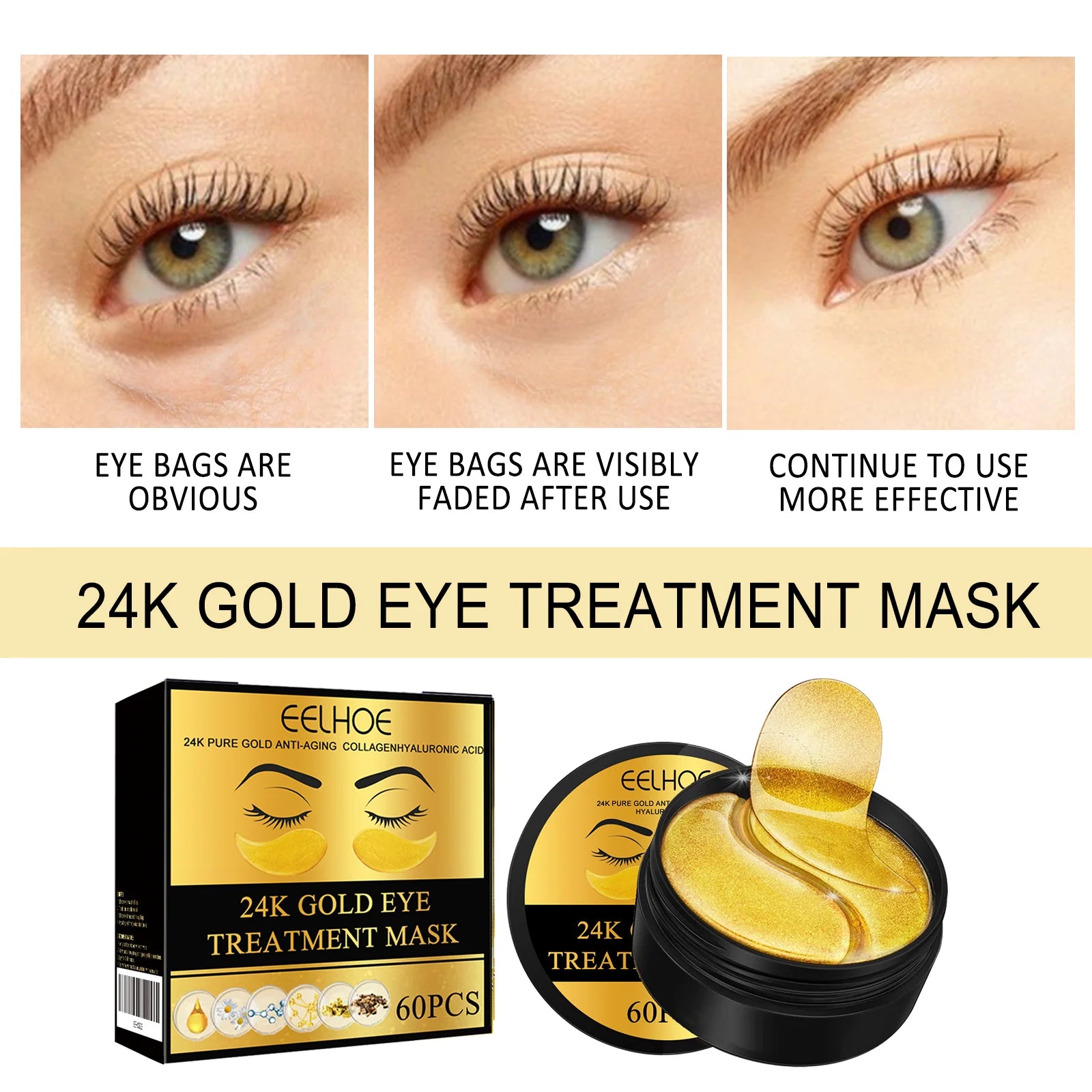 EELHOE 24k Gold Eye Mask Removing Pouch Reducing Wrinkle Dark Circles Fade Fine Lines Anti-Aging Moisturizing Collagen Eye Masks Peaceful Pleasures Health and Wellness