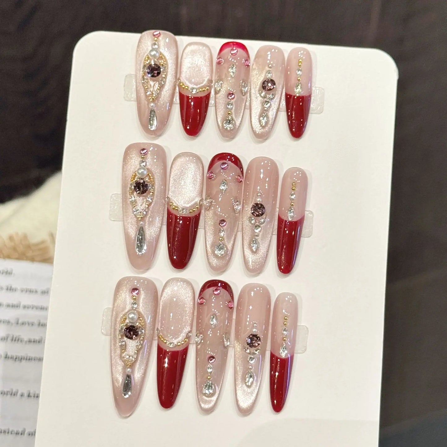 Wine Red French Press On Nails | Cat's Eye Diamond Almond 10pc