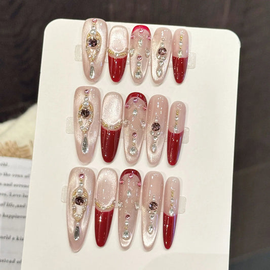 Wine Red French Press On Nails | Cat's Eye Diamond Almond 10pc Press On Nails Peaceful Pleasures Health and Wellness