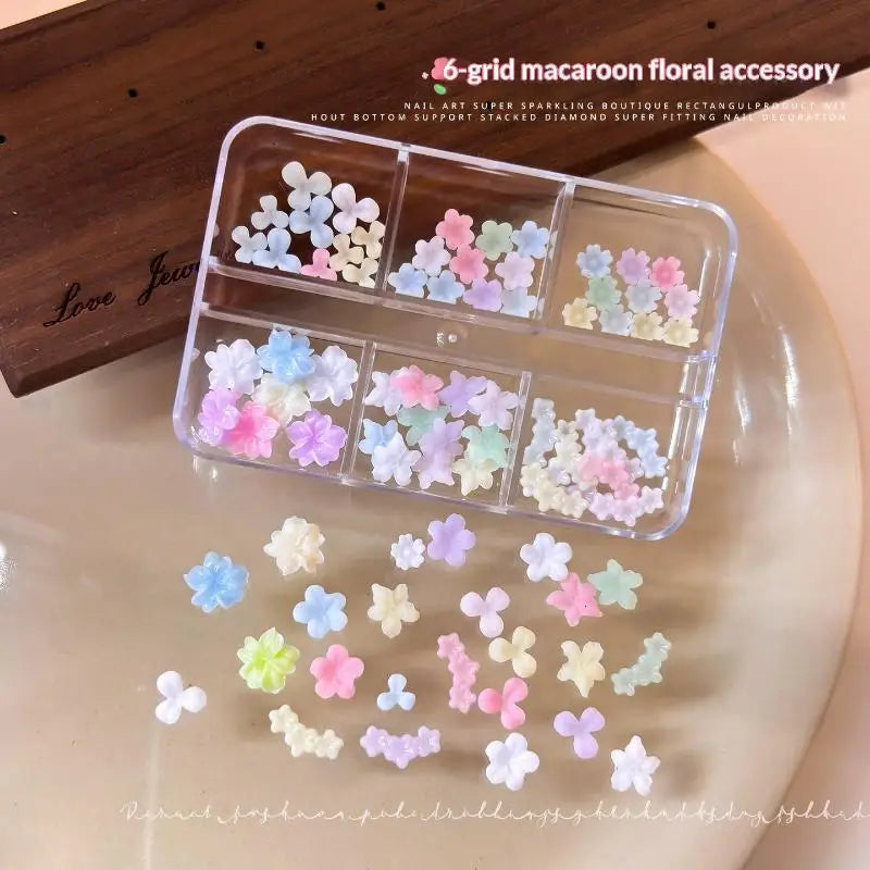 3D Pastel Macaron Flower Nail Charms – 6-Grid DIY Art Set