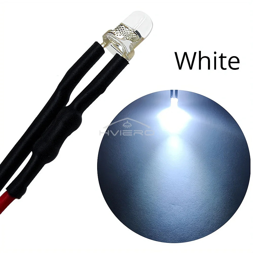 10-Pack 3mm Pre-Wired LED Bulbs DC 12V Water Clear Round Top