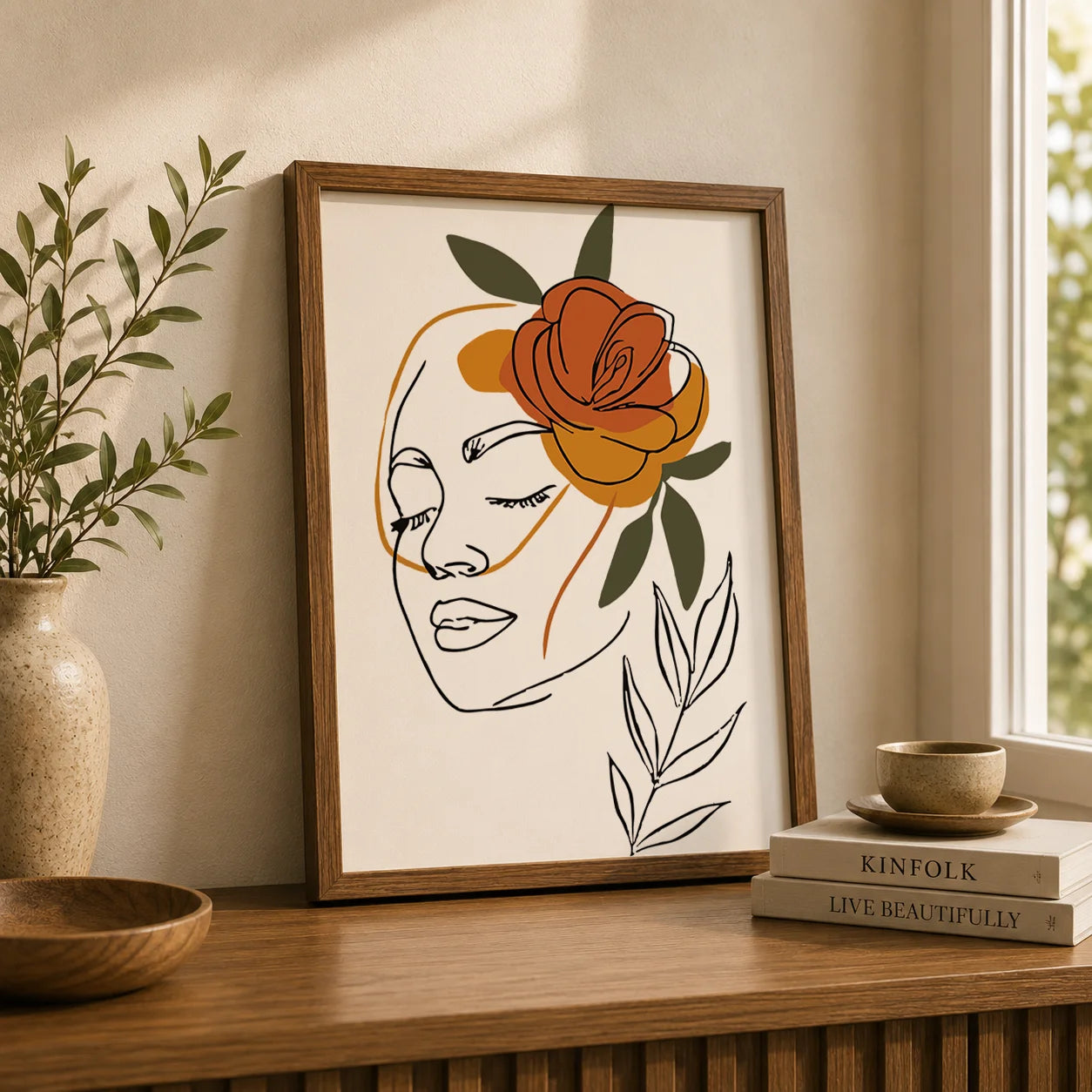 Abstract Botanical Line Woman Canvas Wall Art | Modern Poster Canvas Wall Art Print Peaceful Pleasures Health and Wellness