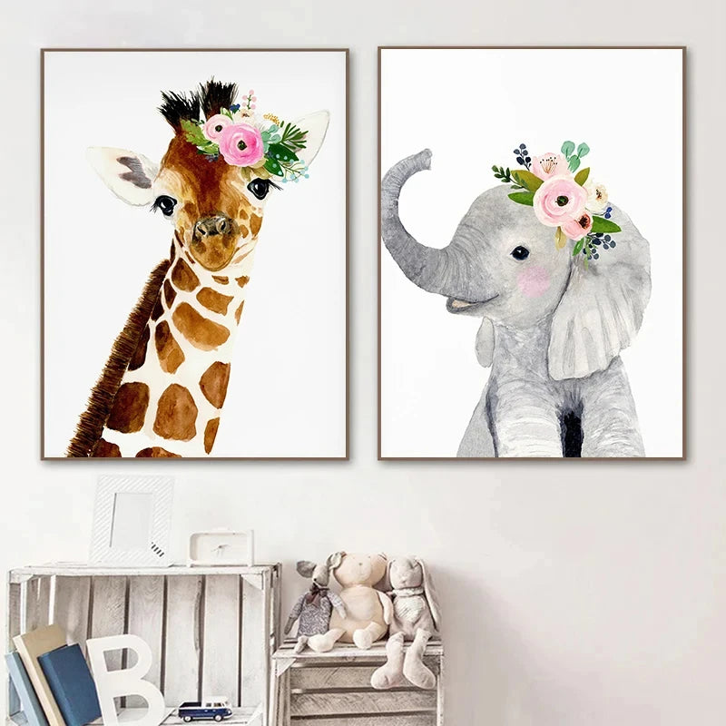 Watercolor Safari Animals Canvas Wall Art | Nursery Decor
