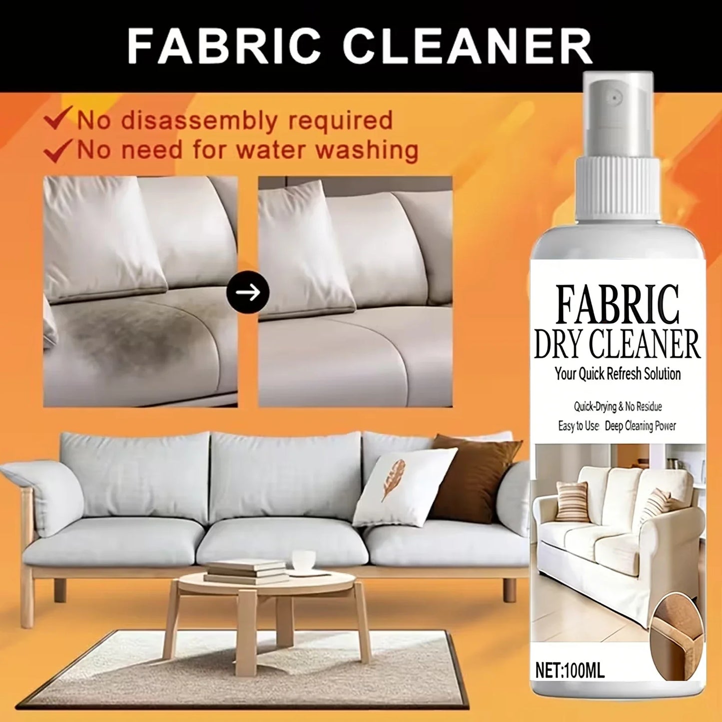 100ml Fabric Dry Cleaner Spray – Quick-Dry Stain Remover