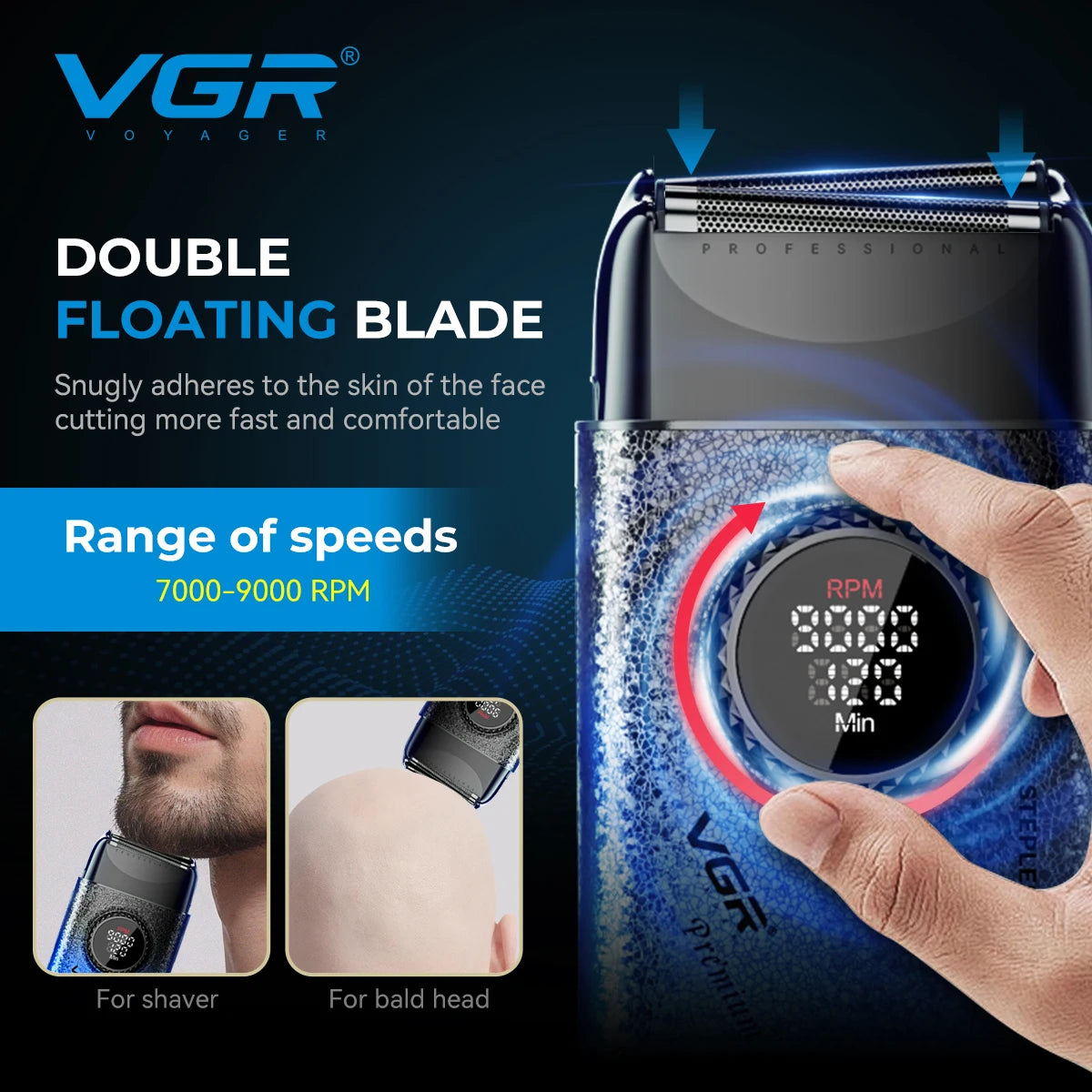 VGR new high-end electric shaver with personalized crack body, multi power control, metal blade head, whitening device V-377 Peaceful Pleasures Health and Wellness