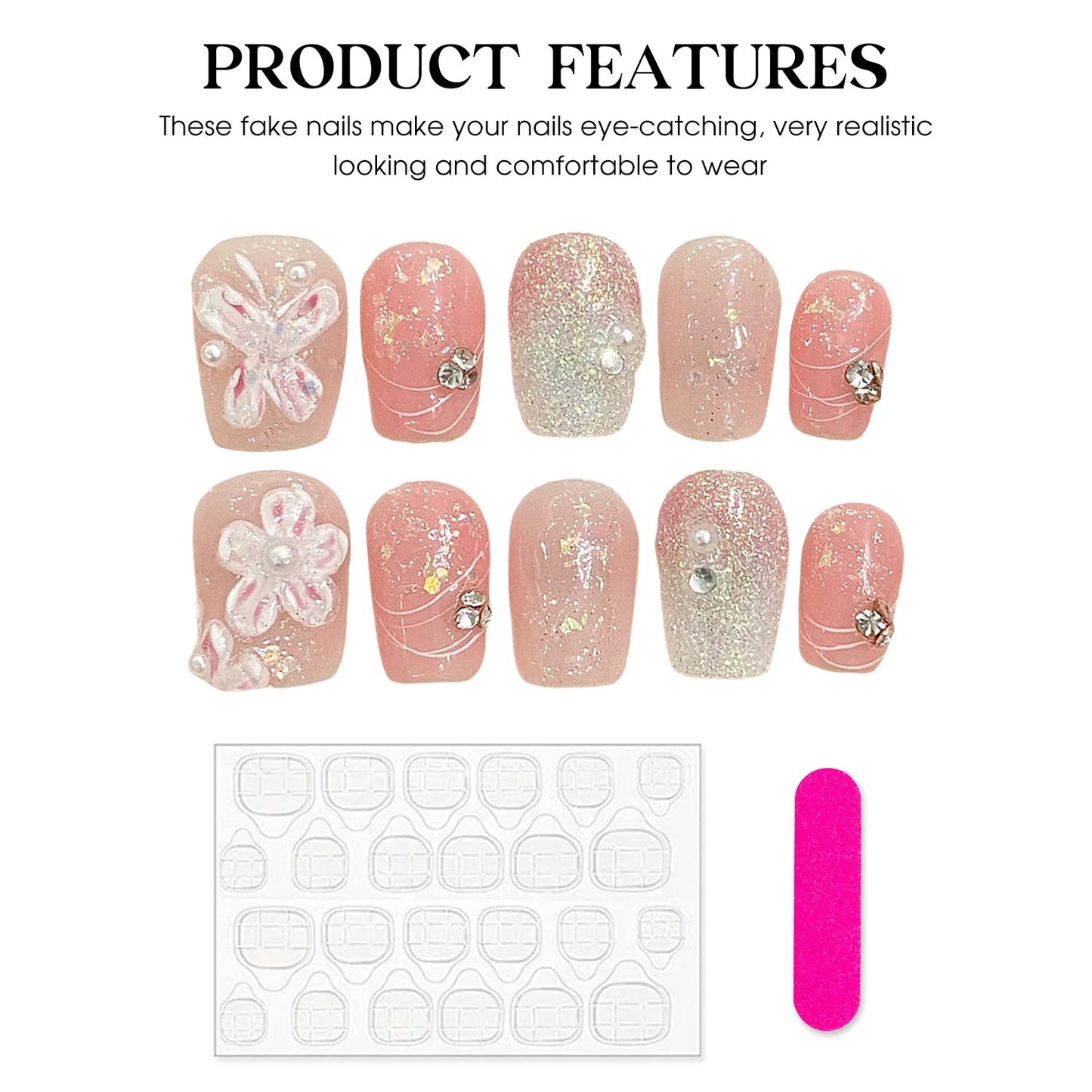 Handmade French Floral Press On Nails – Short Reusable Resin Set