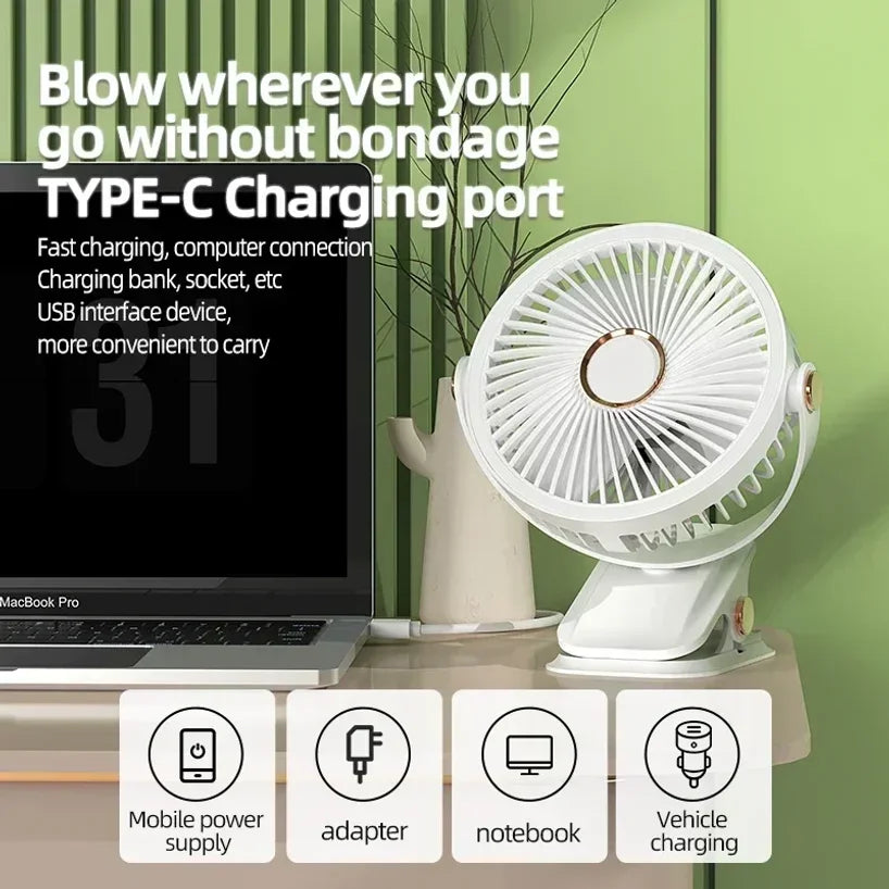 8000mAh Rechargeable Camping Fan with LED Light & Clip-On