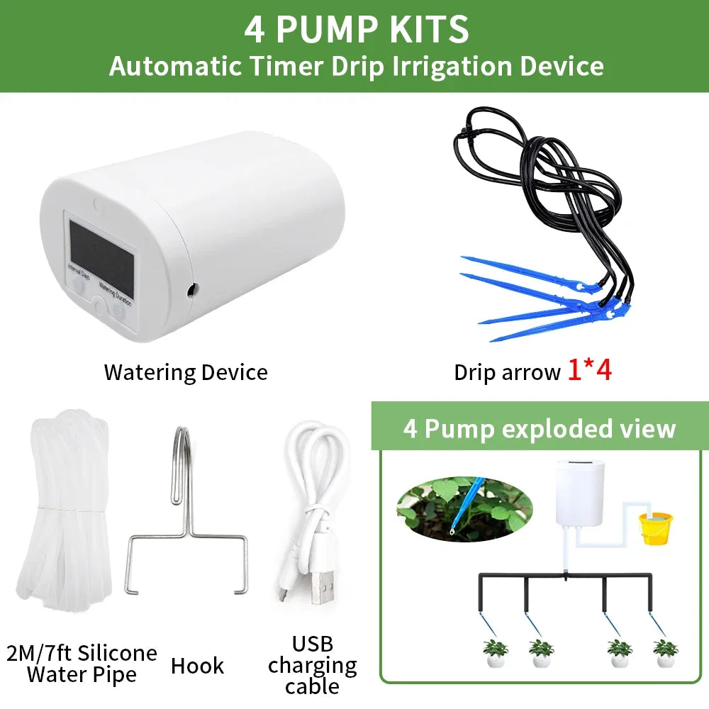 Automatic Plant Flower Watering Pump Home Sprinkler Drip Irrigation Device 2/4/8/16 Heads Pump Timer System Kit Garden Tool Peaceful Pleasures Health and Wellness 4 pump kit