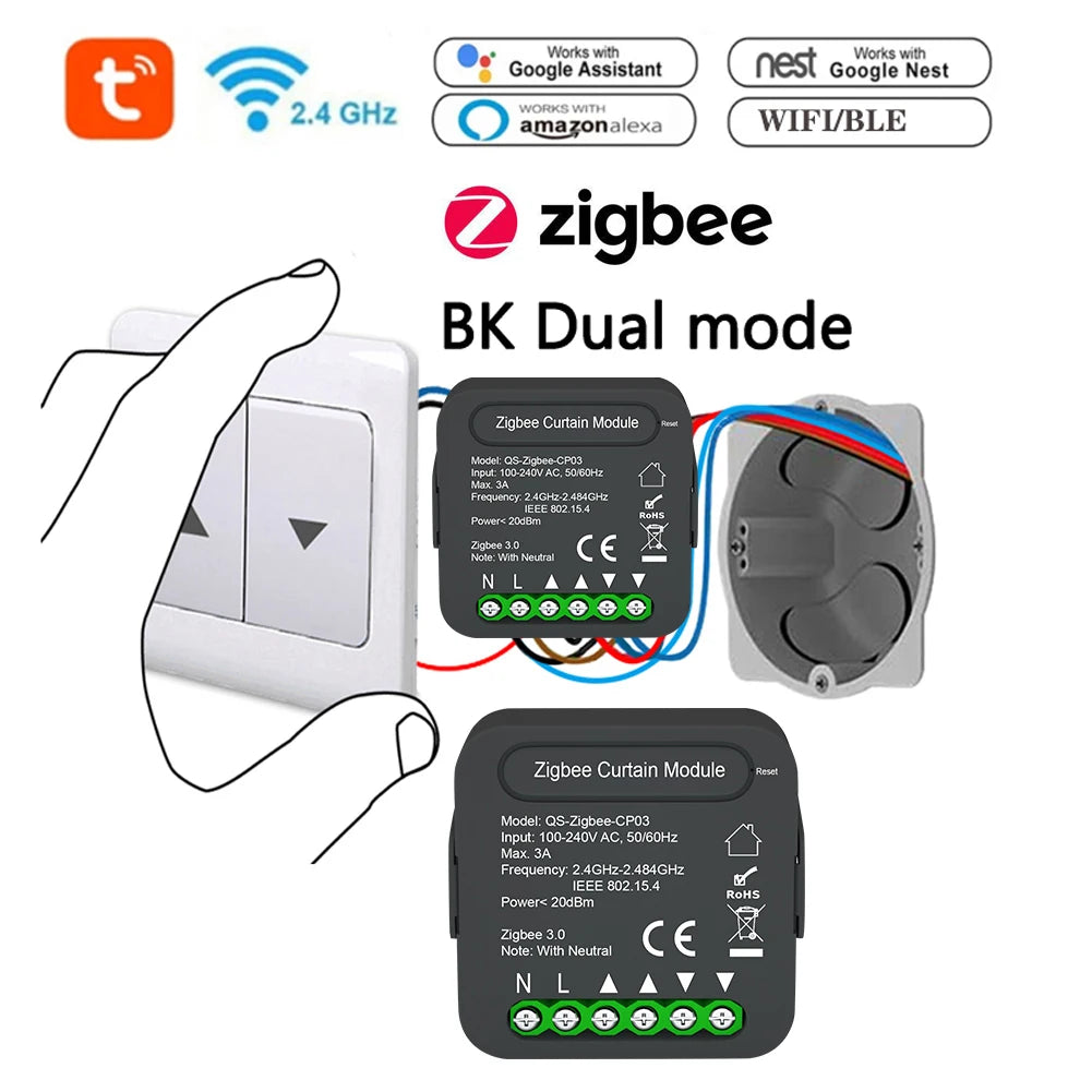 QS-Zigbee/Wifi-CP03 Tuya ZigBee/WiFi Curtain Switch Module for Roller Shutter Blinds Motor Smart Home Google Home Alexa Control Peaceful Pleasures Health and Wellness