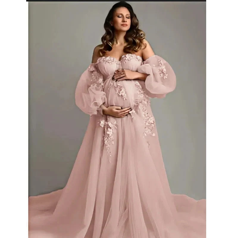 Hand-Finished Pink Maternity Photo Gown - Off-Shoulder Sheer Tulle Dress Embroidery Appliques - Baby Shower Pregnancy Shoot Robe Peaceful Pleasures Health and Wellness LT PINK US 8