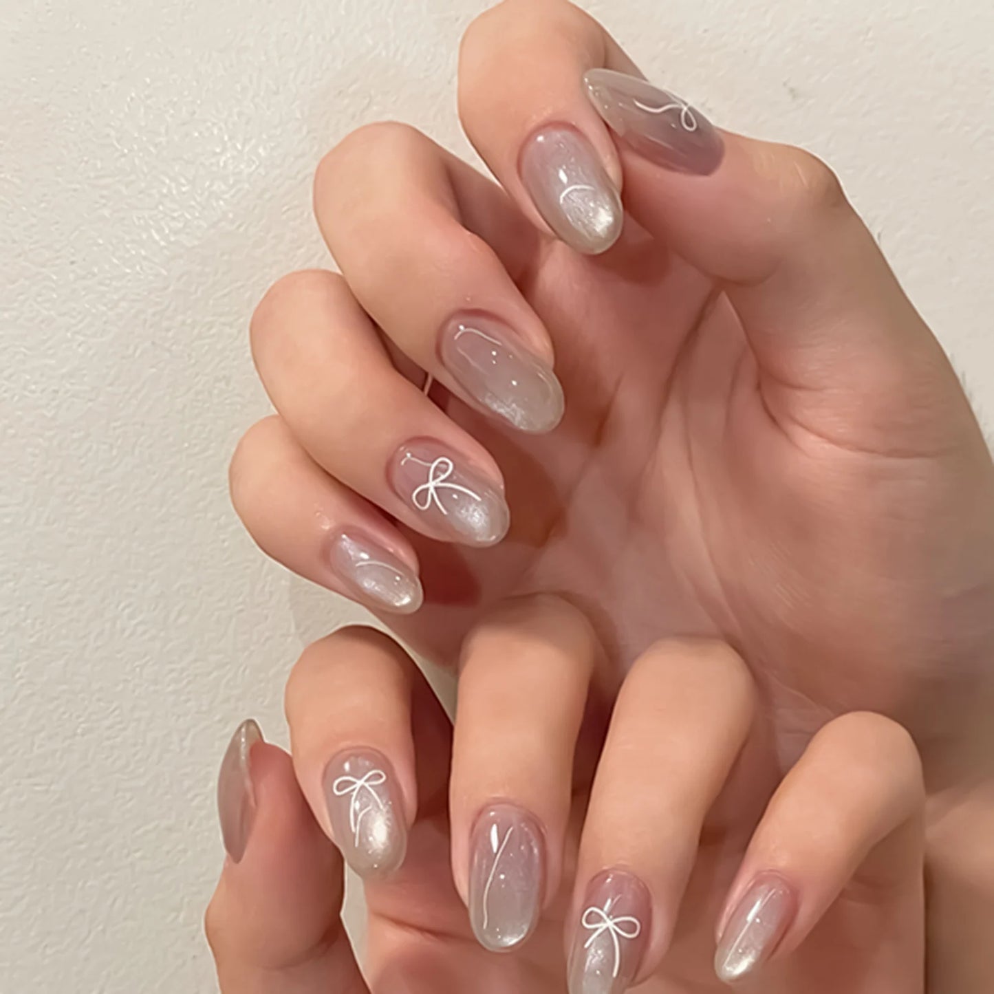 24pc Nude Pink Cat Eye Almond Press On Nails | Korean Style