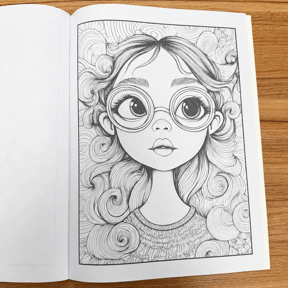 Quirky Girls Grayscale Coloring Book 24 Pages Cute Whimsical Girl
