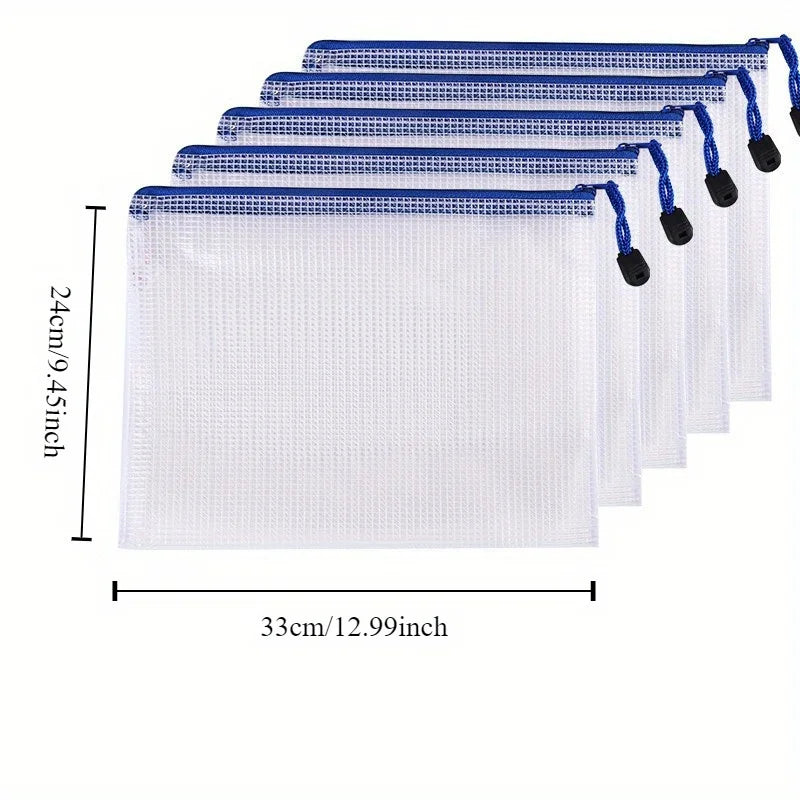 5-Pack A4 Zipper File Bags – Clear PVC Large Capacity Organizer